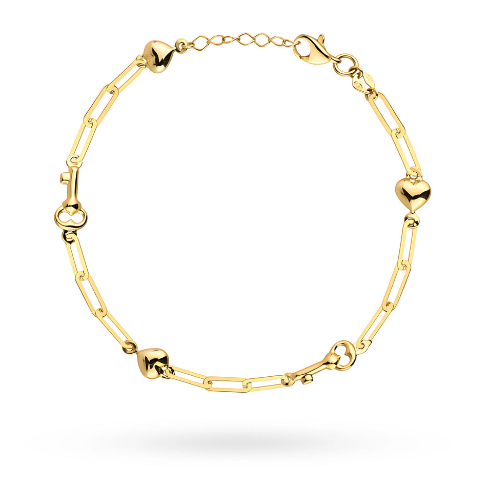 Zlatý náramek s klíči a srdíčky, široké články