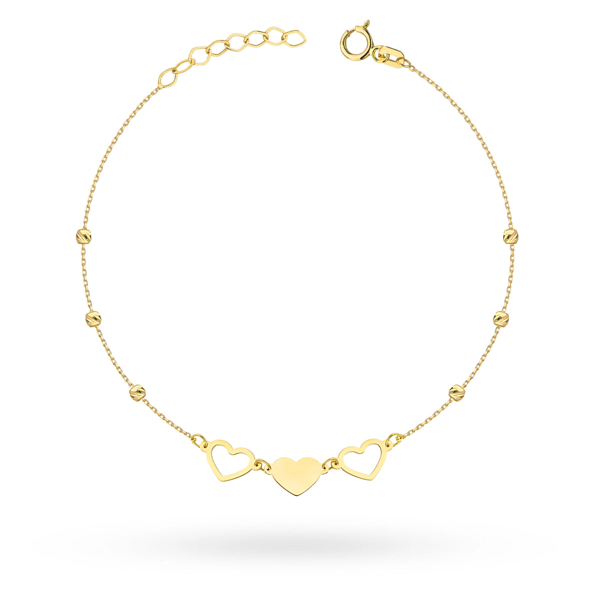 Bracelet en or avec trois cœurs et perles taillées au diamant