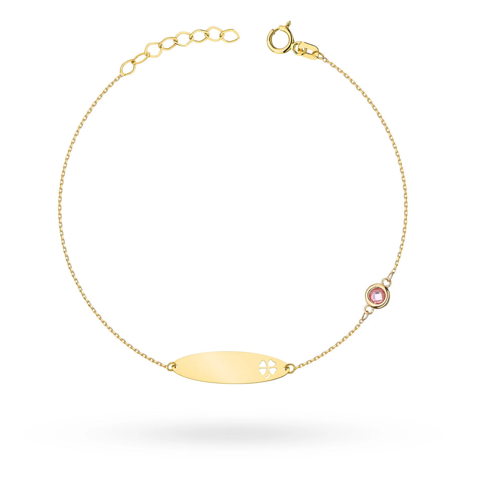 Children’s Gold Engravable Bracelet with Pink Zirconia Clover Plate