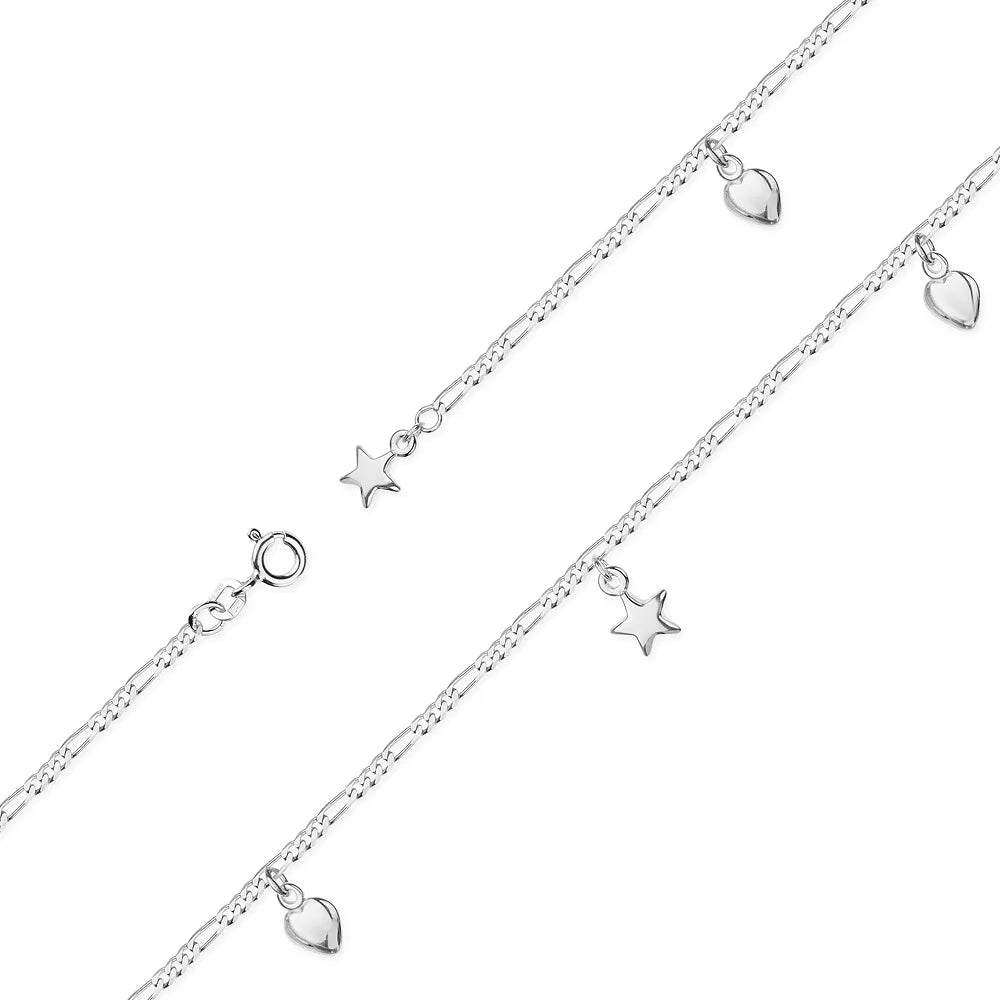 Sterling Silver Anklet with Star and Heart Charms