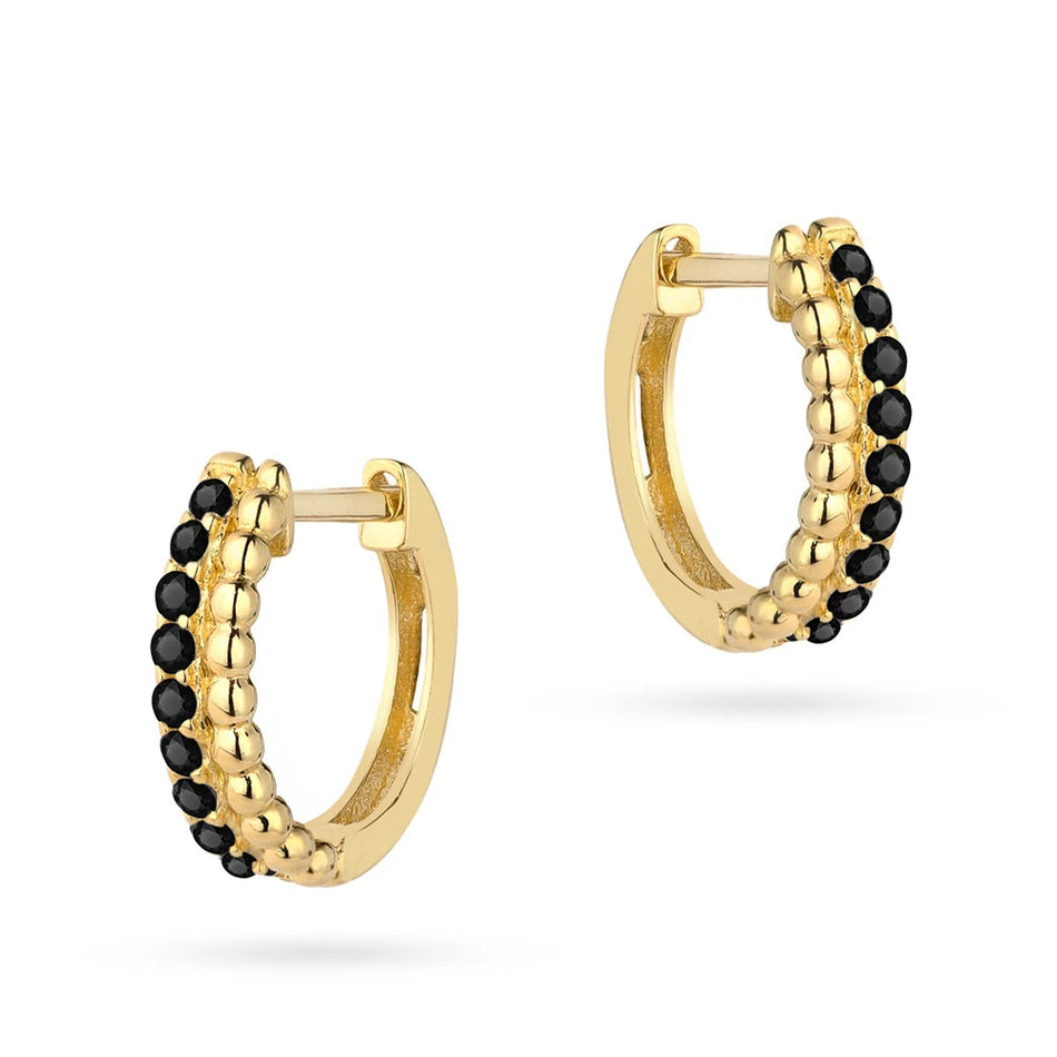 Yellow Gold Beaded Creole Hoop Earrings with Black Cubic Zirconia | 585 (14k) Yellow Gold Hinged Hoop Clasp Earrings