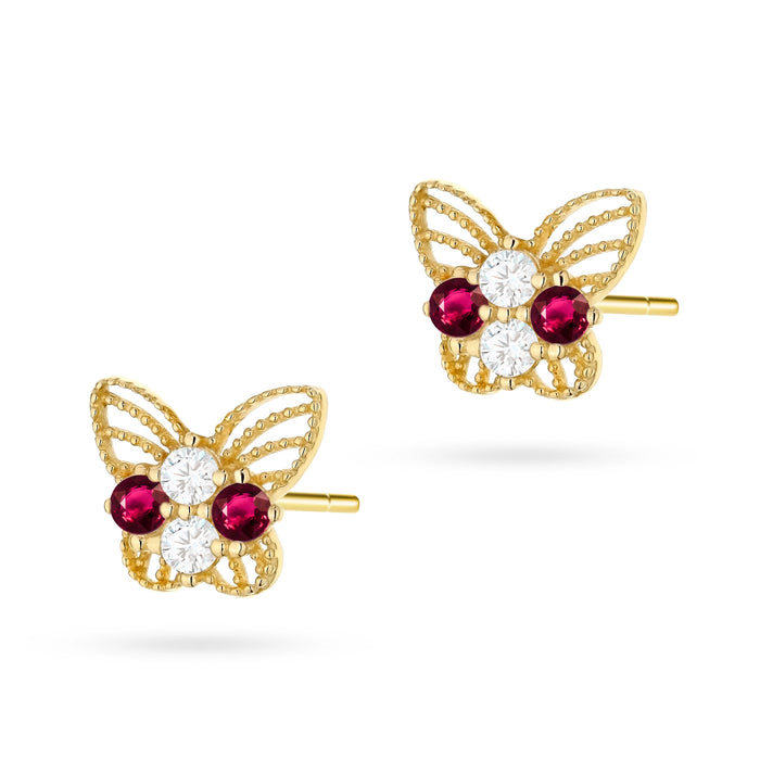 GREMARI 14K yellow gold children's butterfly stud earrings with white and ruby-coloured cubic zirconia