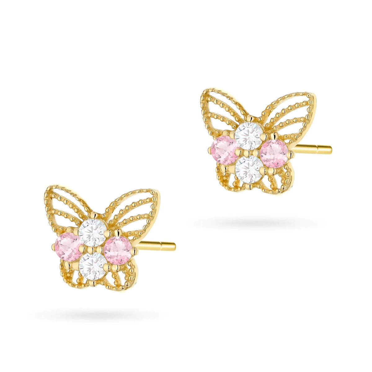 Boucles d’oreilles papillon ajouré en or pour enfants avec zirconia blanc et rose