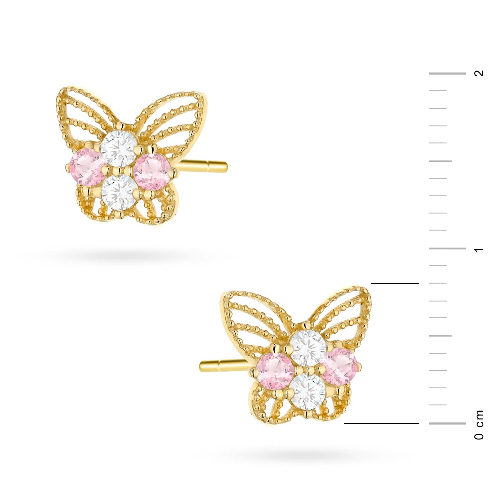 Boucles d’oreilles papillon ajouré en or pour enfants avec zirconia blanc et rose