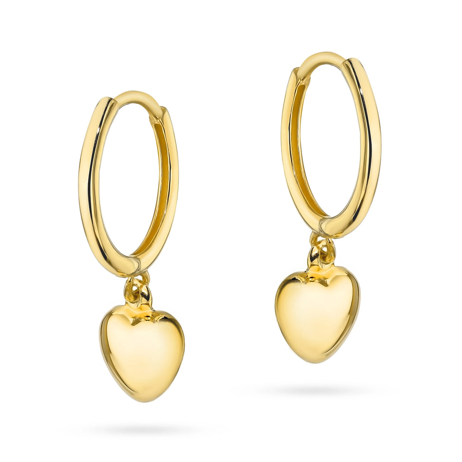 Yellow Gold Hoop Earrings with Heart Charms | 585 (14k) Yellow Gold Hinged Hoop Clasp Earrings