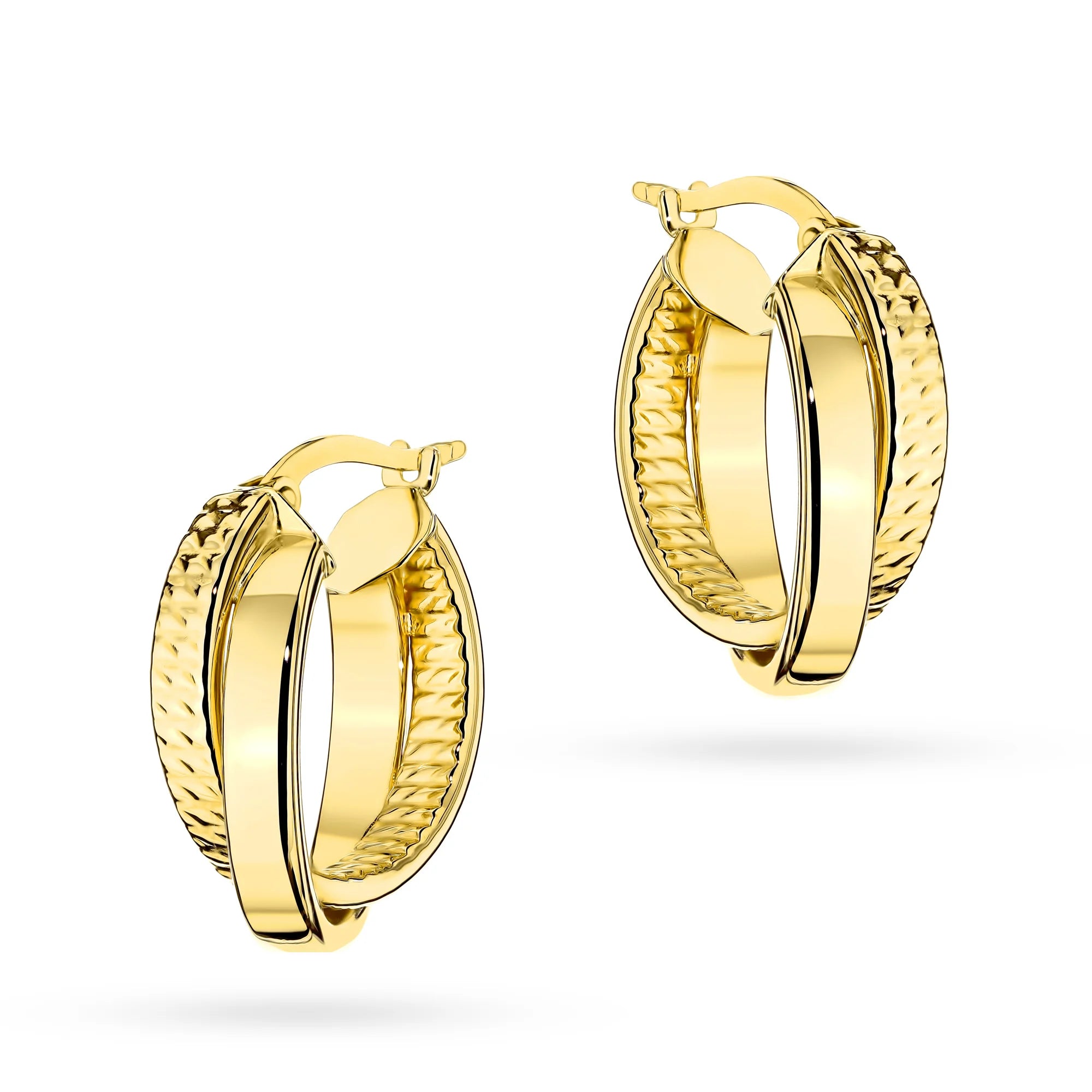 Yellow Gold Double Hoop Drop Earrings with Mixed Finish | 585 (14k) Yellow Gold English Clasp Earrings