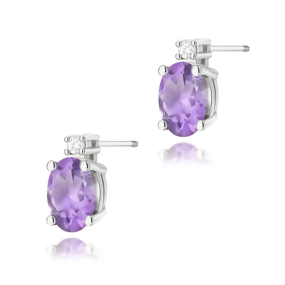 White Gold Earrings with 0.40 ct Amethyst and 0.029 ct Diamonds | 585 (14k) White Gold Screw Back Stud Earrings