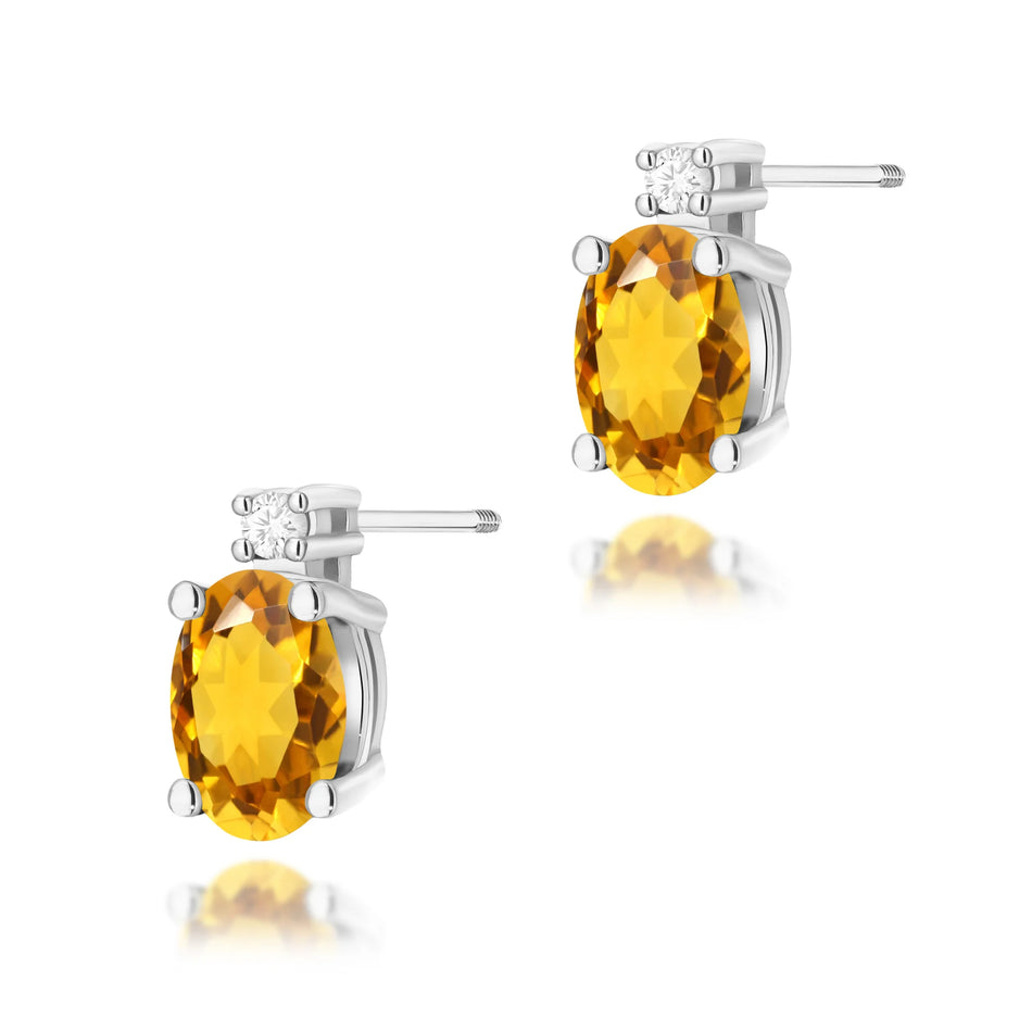White Gold Earrings with 0.60 ct Citrin and 0.029 ct Diamonds | 585 (14k) White Gold Screw Back Stud Earrings