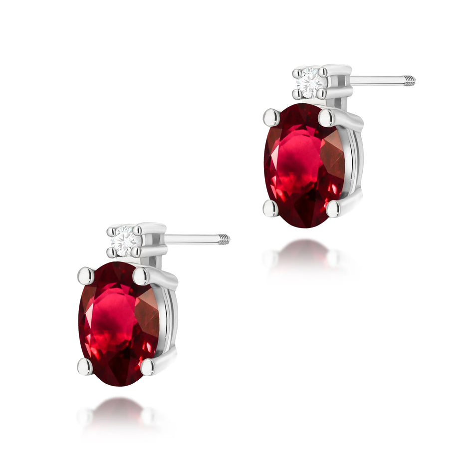 White Gold Earrings with 0.60 ct Ruby and 0.029 ct Diamonds | 585 (14k) White Gold Screw Back Stud Earrings
