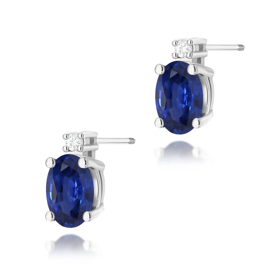 White Gold Earrings with 0.70 ct Sapphire and 0.029 ct Diamonds | 585 (14k) White Gold Screw Back Stud Earrings