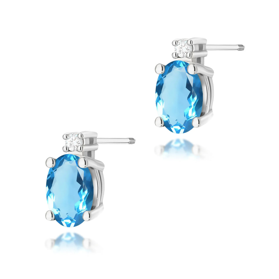 White Gold Earrings with 0.50 ct Topaz and 0.029 ct Diamonds | 585 (14k) White Gold Screw Back Stud Earrings