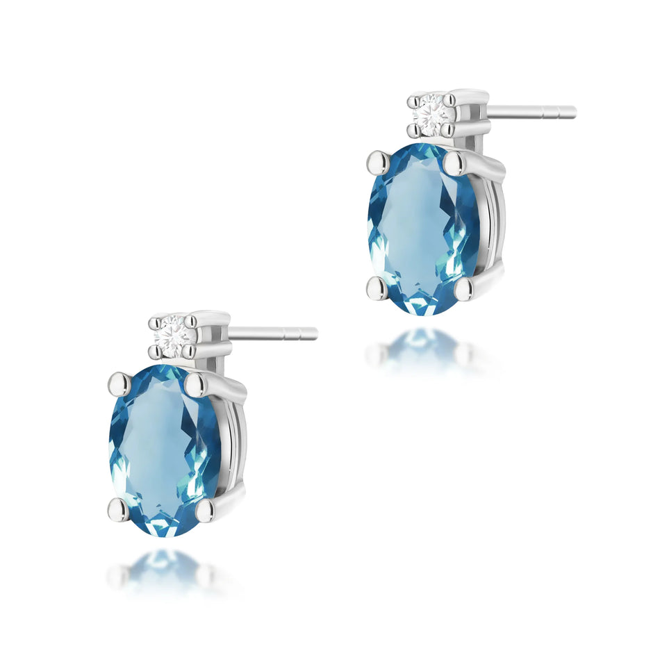 White Gold Earrings with 0.50 ct Topaz London Blue and 0.029 ct Diamonds | 585 (14k) White Gold Screw Back Stud Earrings