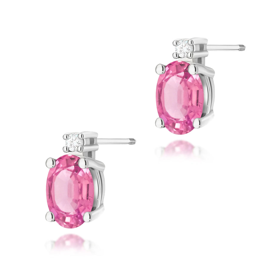 White Gold Earrings with 0.50 ct Pink Topaz and 0.029 ct Diamonds | 585 (14k) White Gold Screw Back Stud Earrings