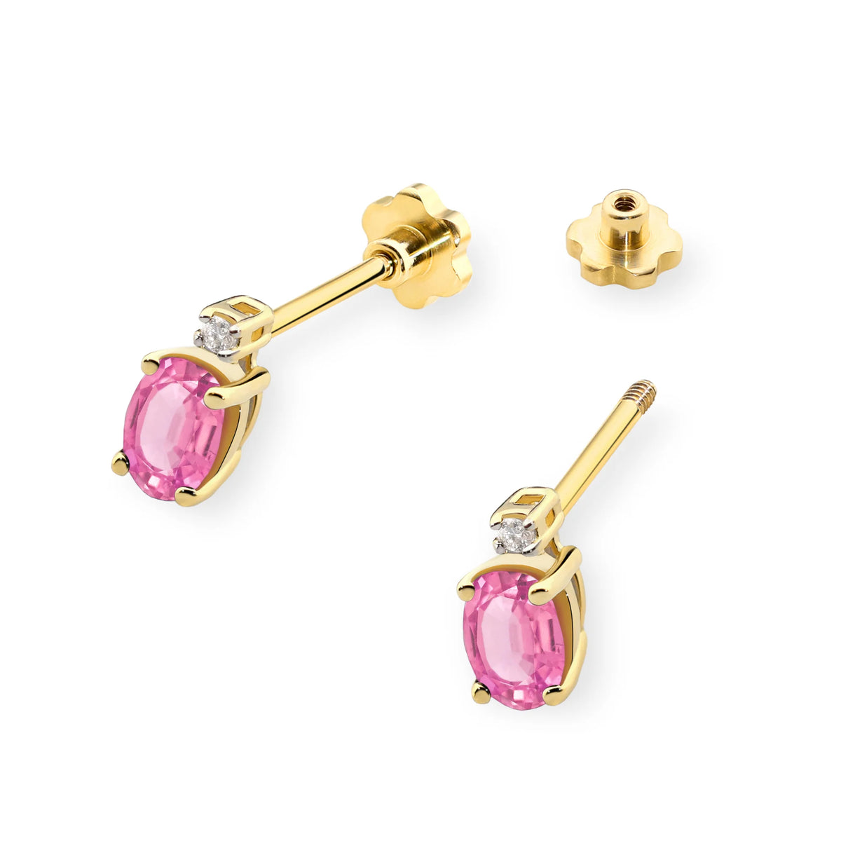 Gold Earrings with 0.50 ct Pink Topaz and 0.029 ct Diamonds | 585 (14k) Gold Screw Back Stud Earrings
