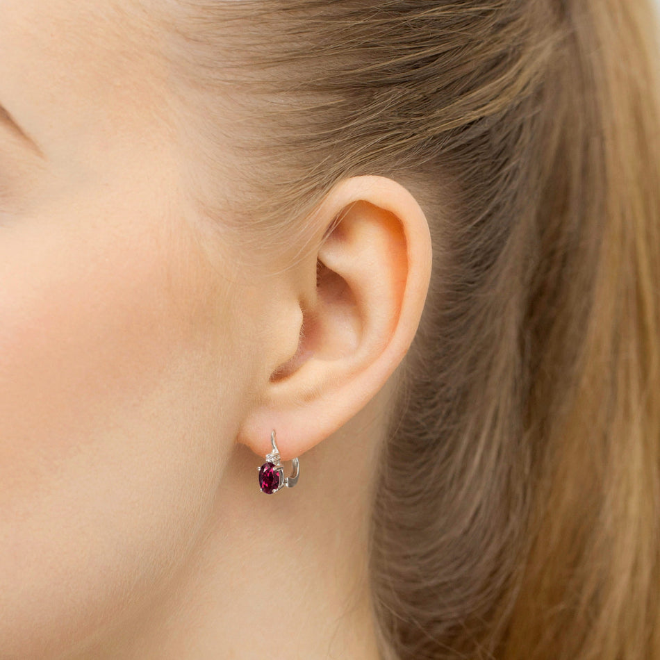 White Gold Earrings with 0.50 ct Rhodolite and Diamonds | 585 (14k) White Gold English Clasp Earrings