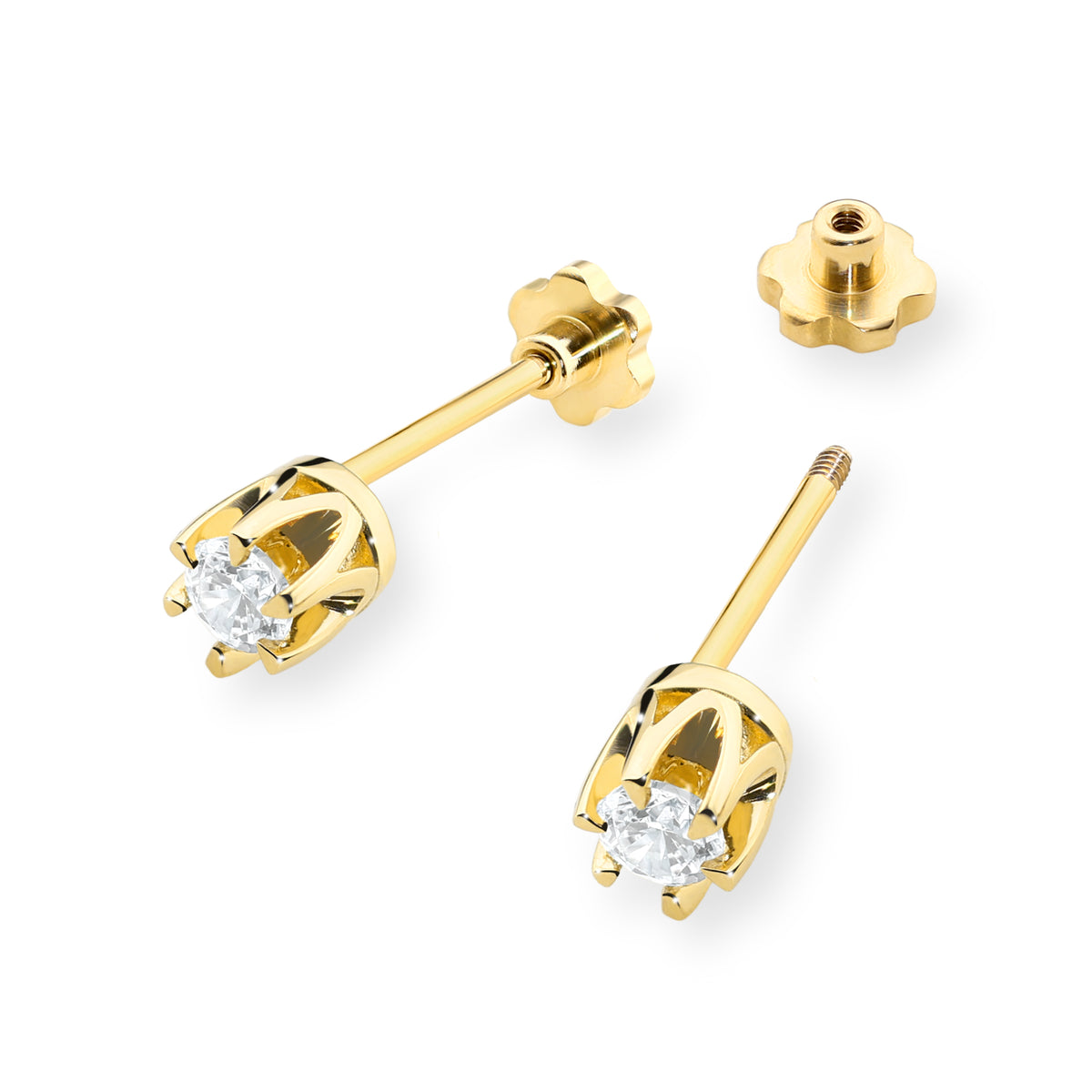 Gold Earrings with 0.10 ct Diamonds | 585 (14k) Gold Screw Back Stud Earrings