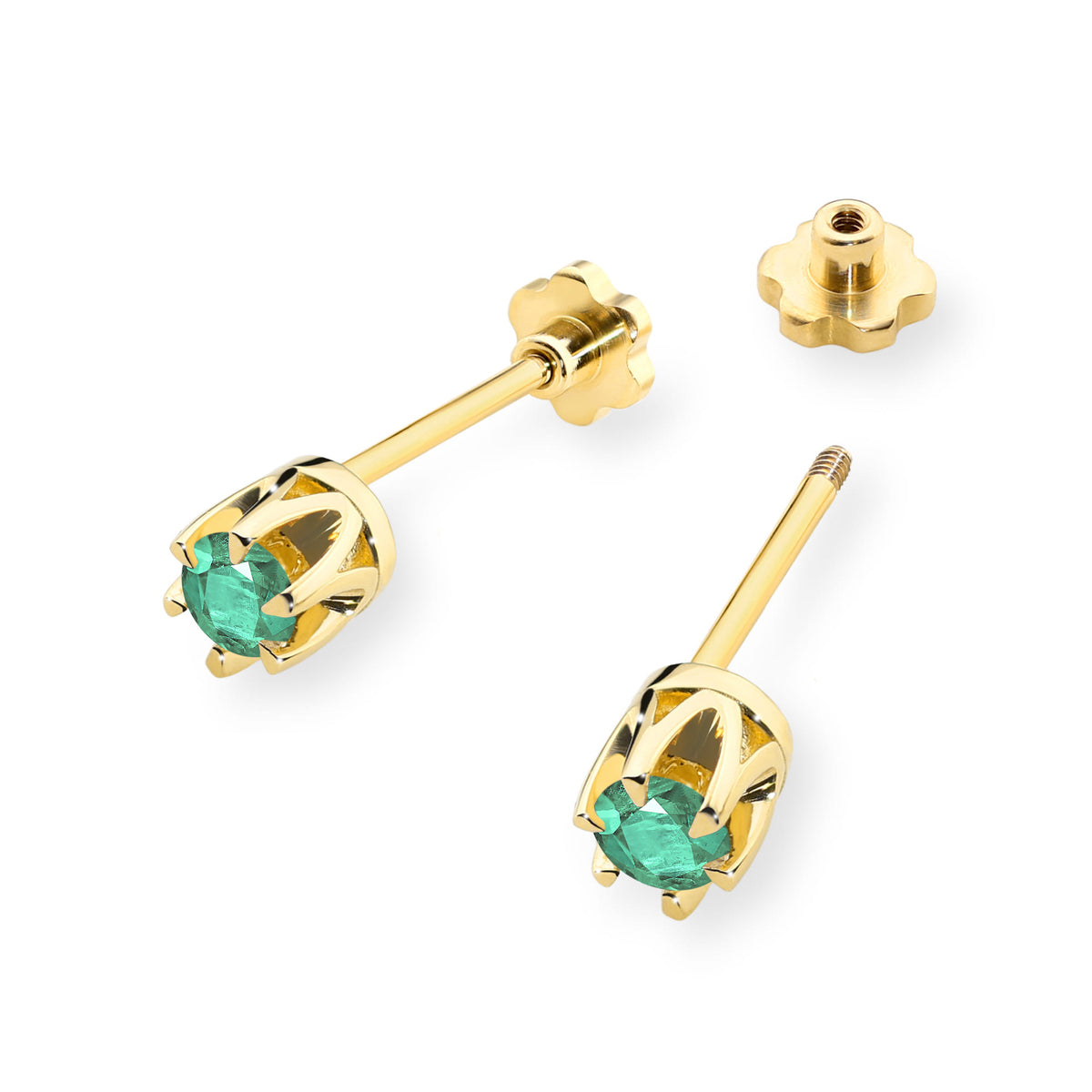 Gold Earrings with 0.15 ct Emeralds | 585 (14k) Gold Screw Back Stud Earrings