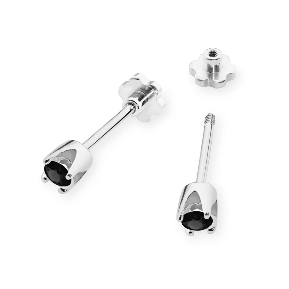 White Gold Earrings with 2 x 0.12 ct Black Diamonds | 585 (14k) White Gold Screw Back Stud Earrings