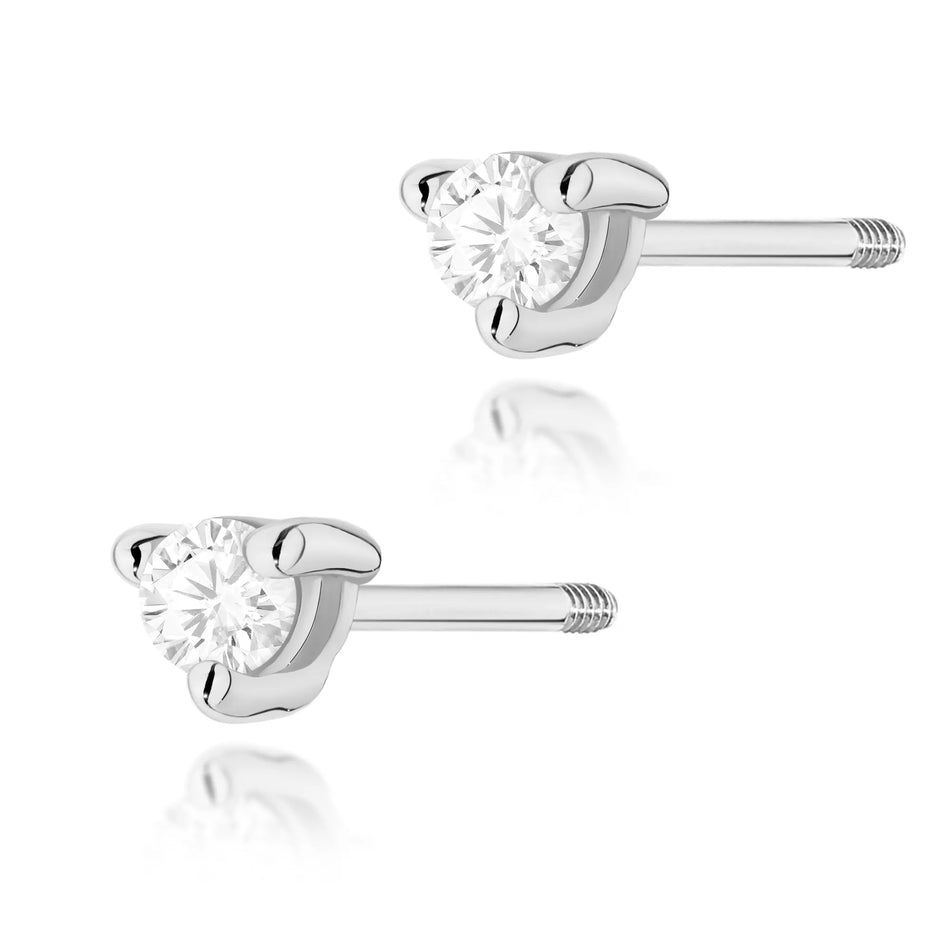 White Gold Earrings with 0.04 ct Diamonds | 585 (14k) White Gold Screw Back Stud Earrings