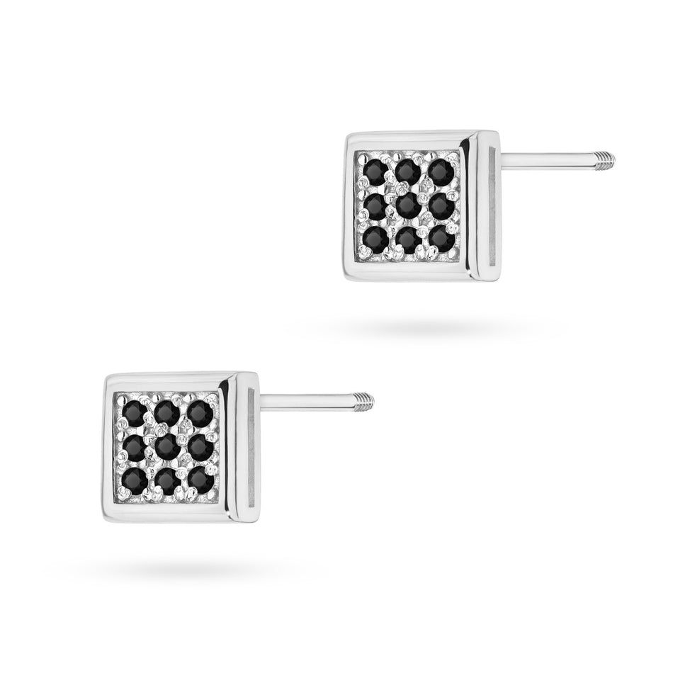 White Gold Earrings with 0.09 ct Black Diamonds | 585 (14k) White Gold Screw Back Stud Earrings