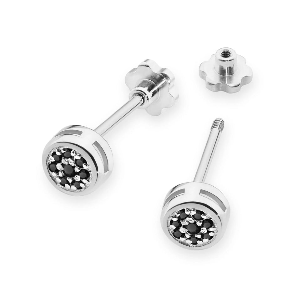 White Gold Earrings with 0.08 ct Black Diamonds | 585 (14k) White Gold Screw Back Stud Earrings