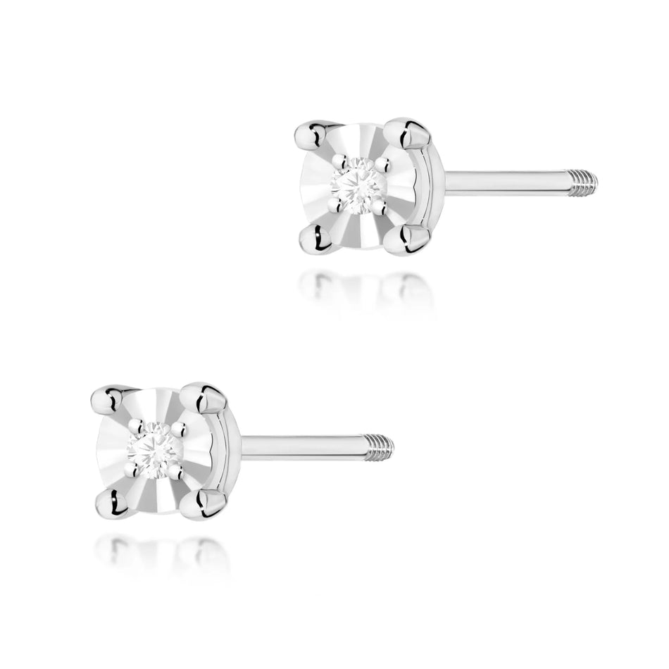 White Gold Earrings with 0.01 ct Diamonds | 585 (14k) White Gold Screw Back Stud Earrings