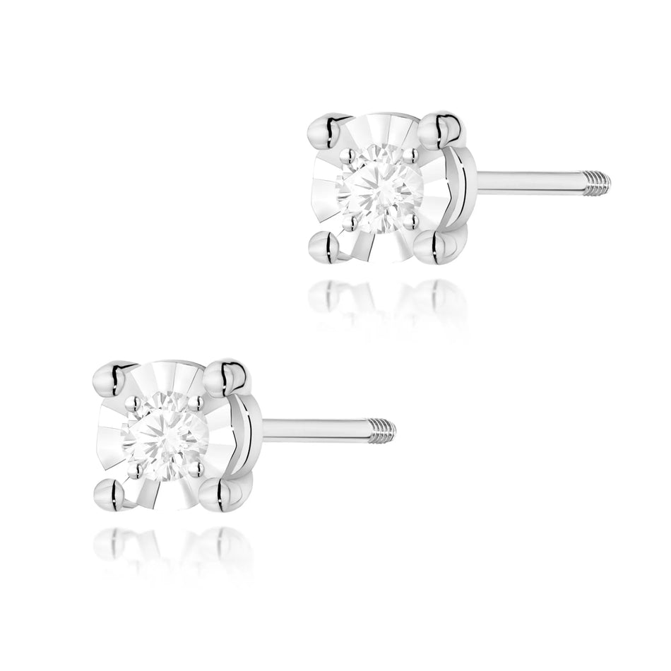 White Gold Earrings with 0.03 ct Diamonds | 585 (14k) White Gold Screw Back Stud Earrings