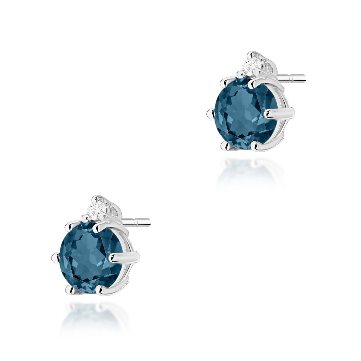 White Gold Earrings with 0.50 ct London Blue Topazes and 0.029 ct Diamonds | 585 (14k) White Gold Stud Earrings