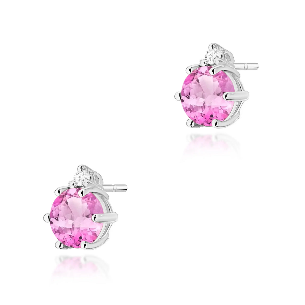 White Gold Earrings with 0.60 ct Pink Topazes and 0.029 ct Diamonds | 585 (14k) White Gold Stud Earrings