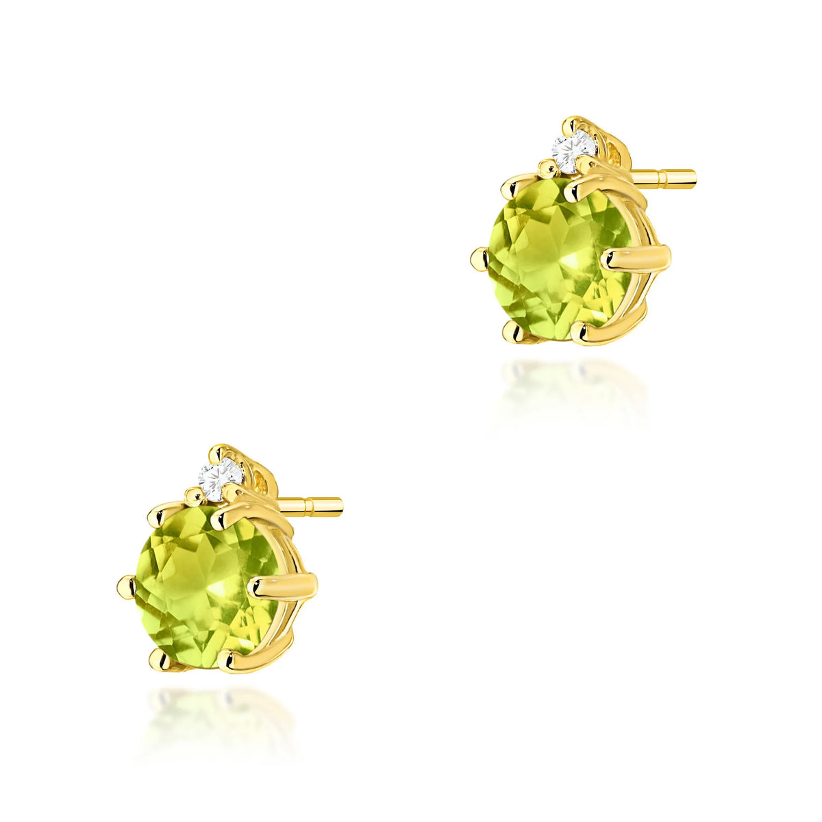 Gold Earrings with 0.60 ct Olivines and 0.029 ct Diamonds | 585 (14k) Gold Stud Earrings