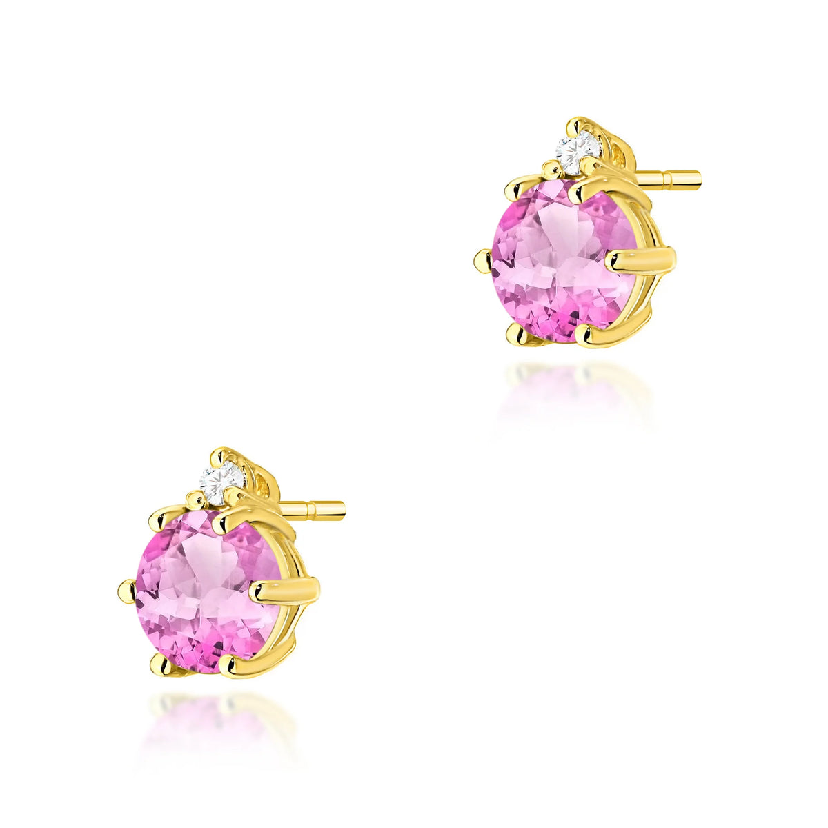 Gold Earrings with 0.60 ct Pink Topazes and 0.029 ct Diamonds | 585 (14k) Gold Stud Earrings