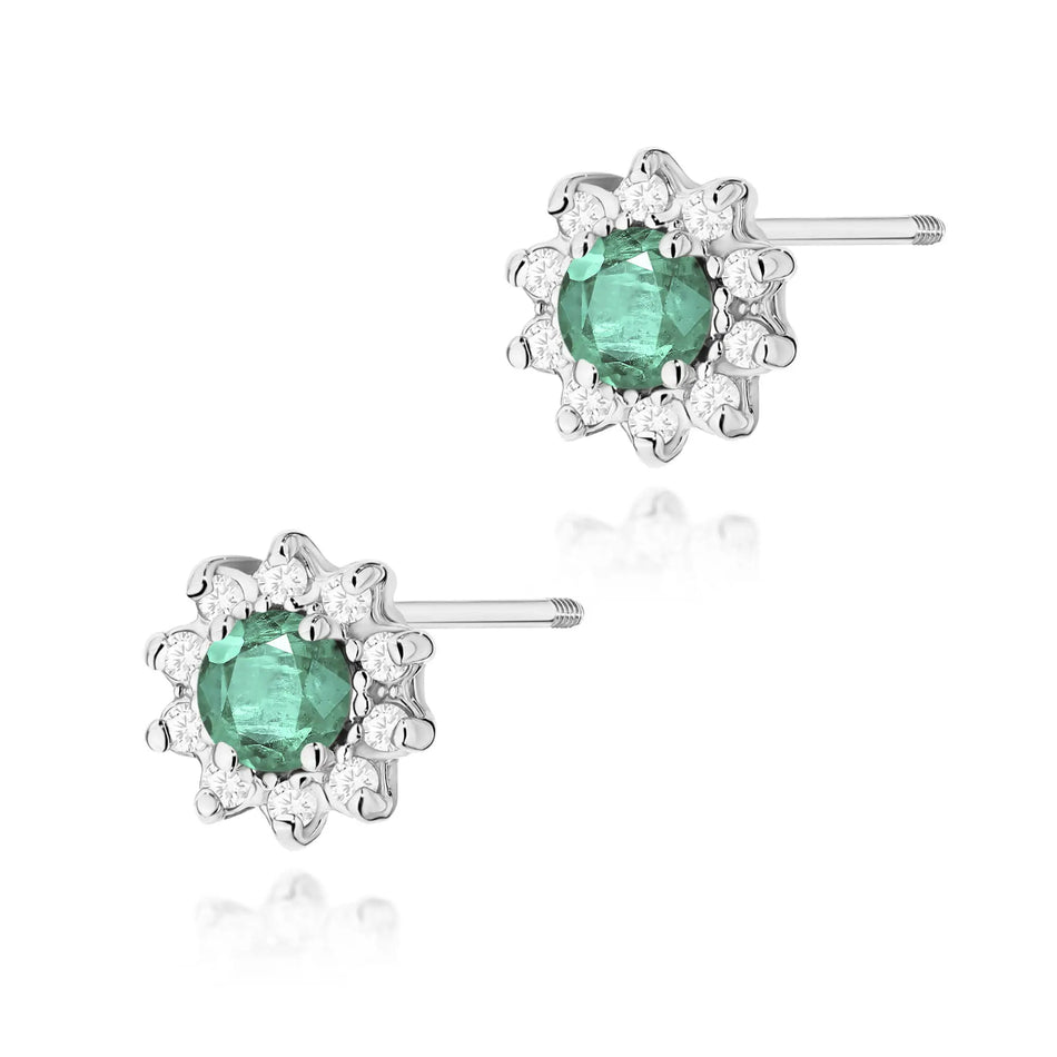 White Gold Earrings with 0.15 ct Emeralds and 0.172 ct Diamonds | 585 (14k) White Gold Screw Back Stud Earrings