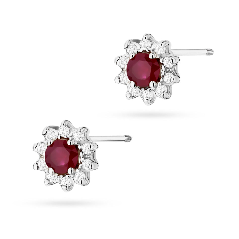 White Gold Earrings with 0.15 ct Rubies and 0.172 ct Diamonds | 585 (14k) White Gold Screw Back Stud Earrings