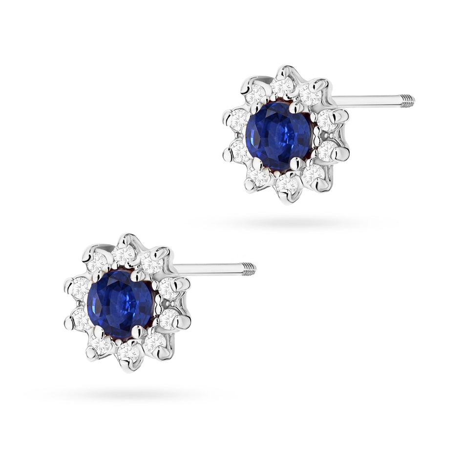 White Gold Earrings with 0.15 ct Sapphires and 0.172 ct Diamonds | 585 (14k) White Gold Screw Back Stud Earrings