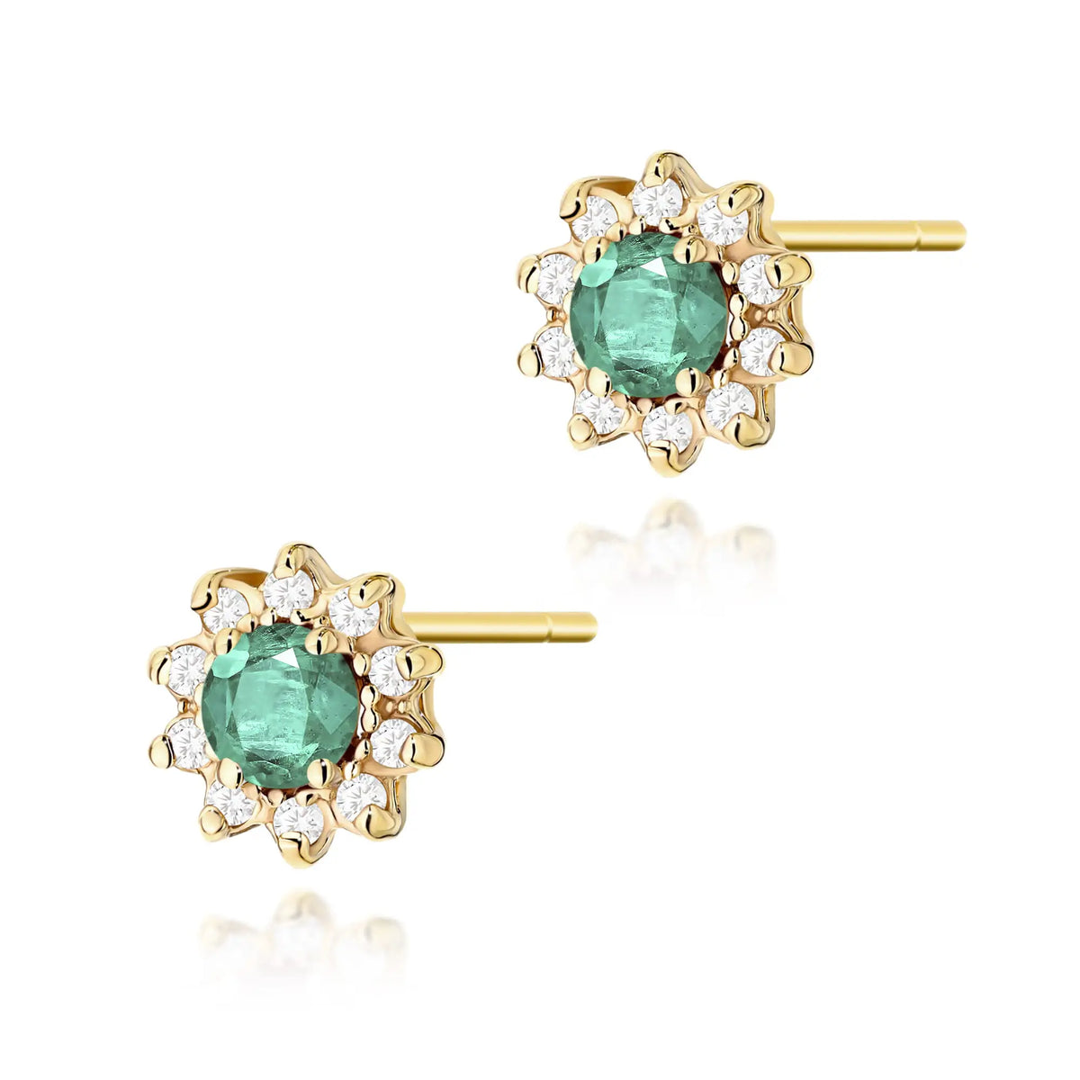 Gold Earrings with 0.15 ct Emeralds and 0.172 ct Diamonds | 585 (14k) Gold Stud Earrings