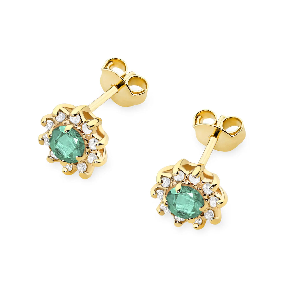 Gold Earrings with 0.15 ct Emeralds and 0.172 ct Diamonds | 585 (14k) Gold Stud Earrings