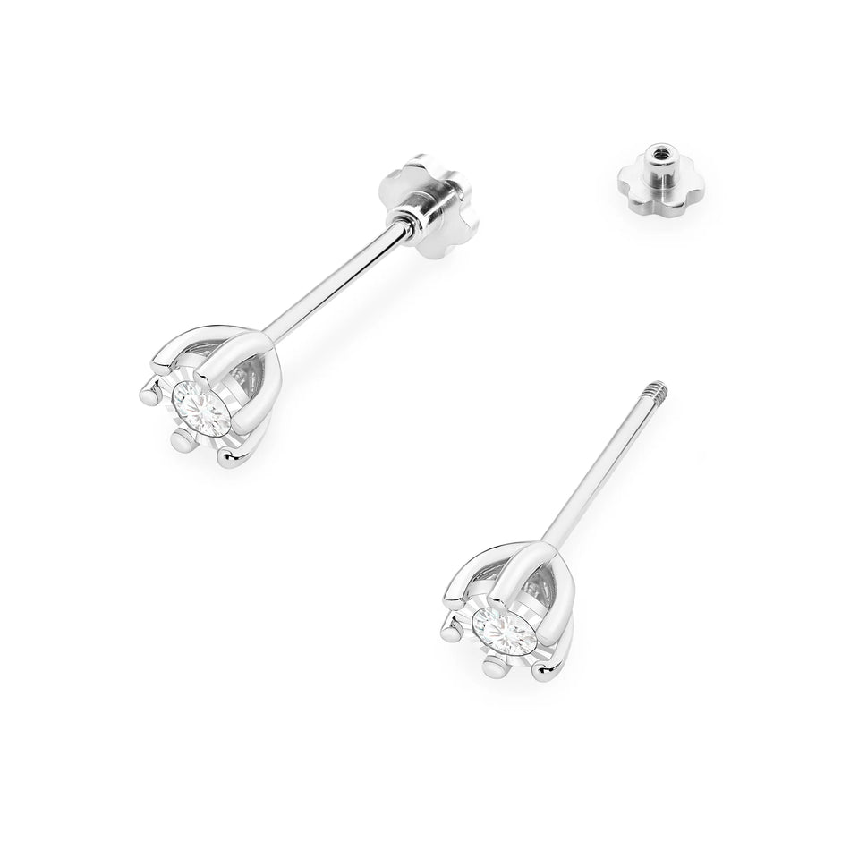 White Gold Earrings with 0.08 ct Diamonds | 585 (14k) White Gold Screw Back Stud Earrings