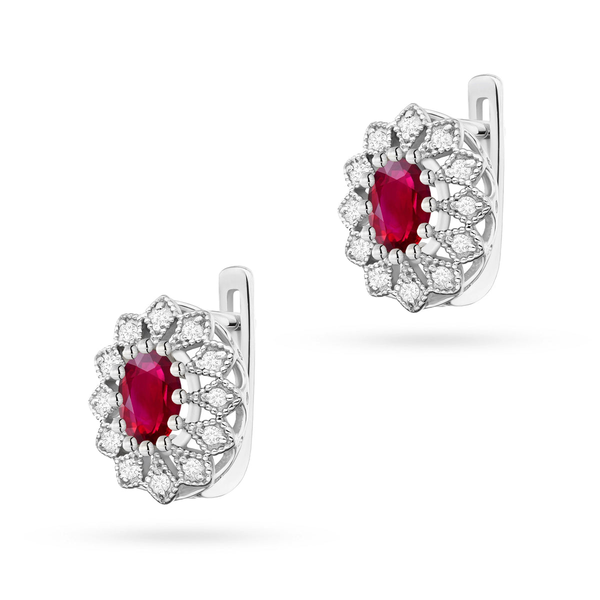 White Gold Earrings with 0.60 ct Rubies and 0.206 ct Diamonds | 585 (14k) White Gold English Clasp Earrings
