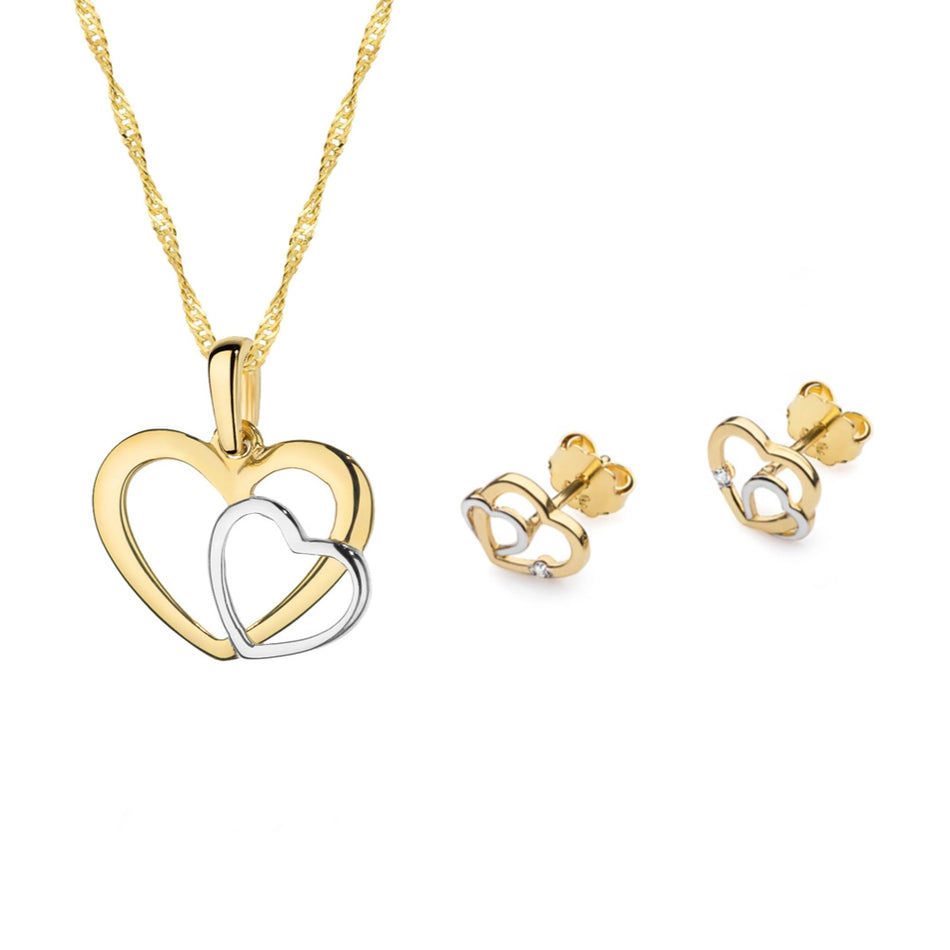 Goldkette und Ohrring-Set – Verschlungene zweifarbige Herz
