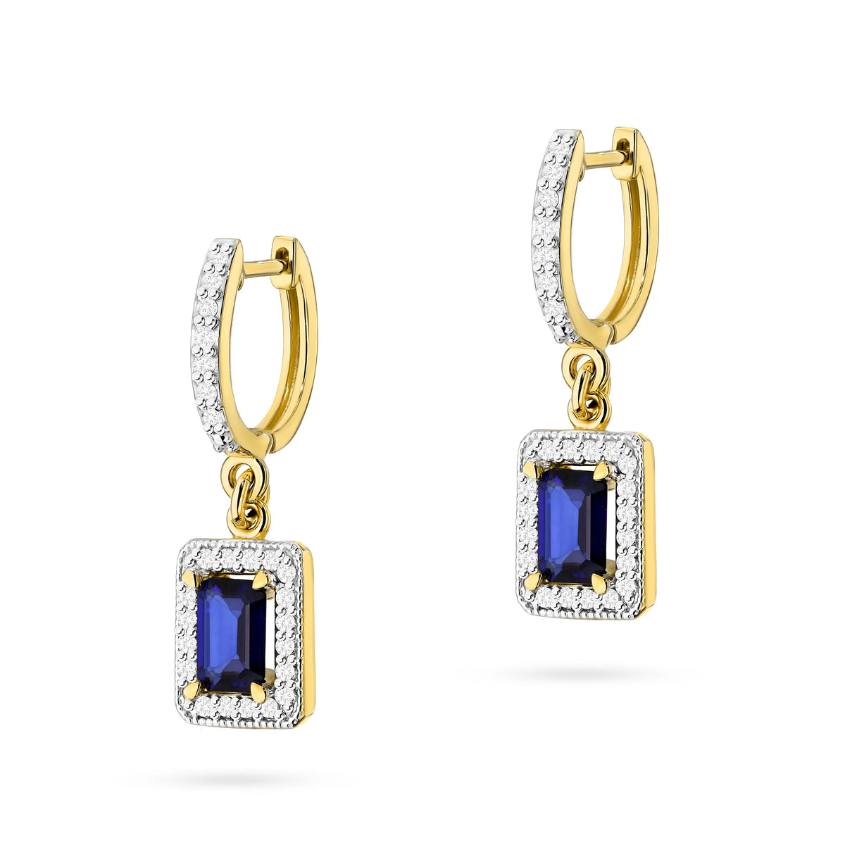 Gold Earrings with 0.60 ct Sapphires and 0.34 ct Diamonds | 585 (14k) Gold English Clasp Earrings