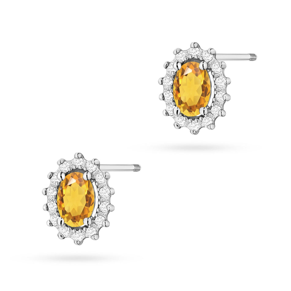 White Gold Earrings with 0.60 ct Citrines and 0.24 ct Diamonds | 585 (14k) White Gold Screw Back Stud Earrings