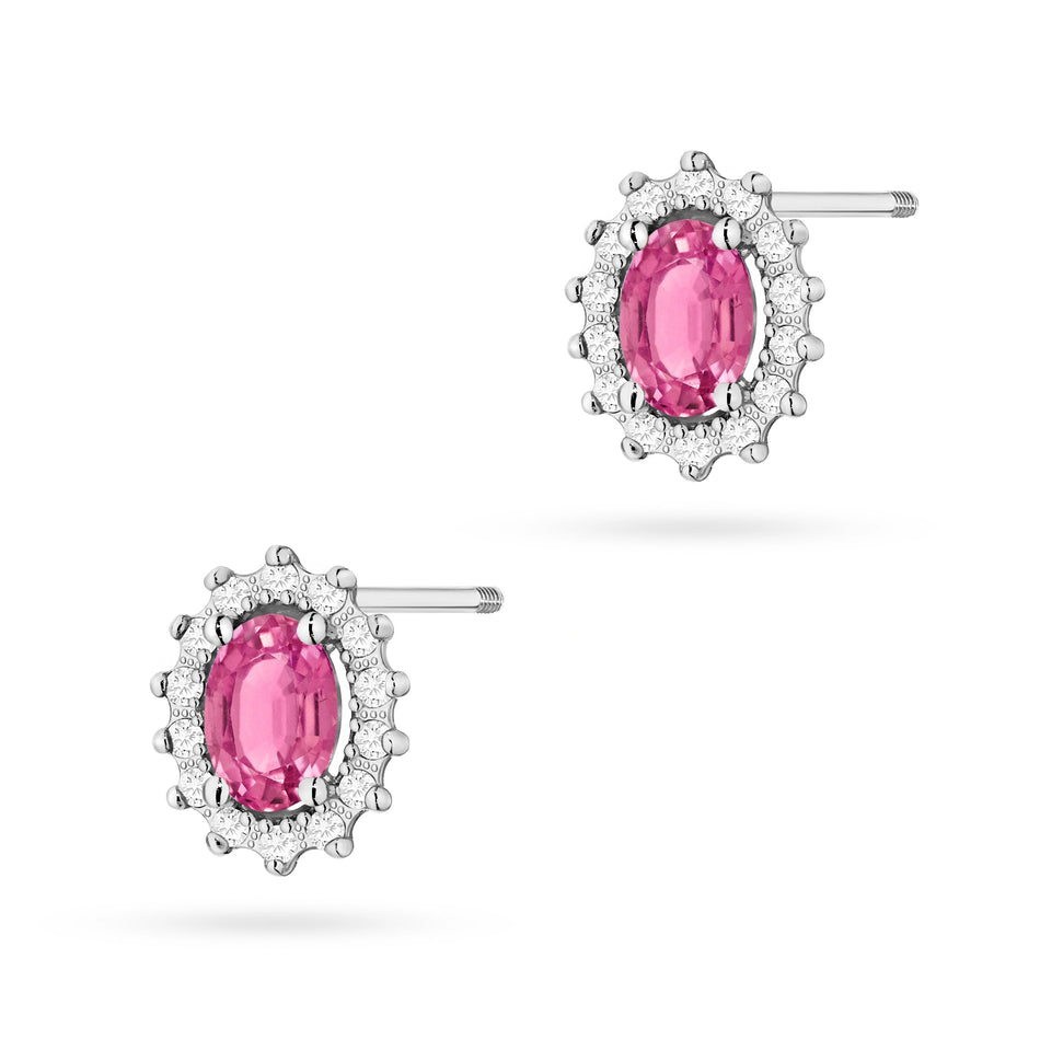 White Gold Earrings with 0.50 ct Pink Topazes and 0.24 ct Diamonds | 585 (14k) White Gold Screw Back Stud Earrings