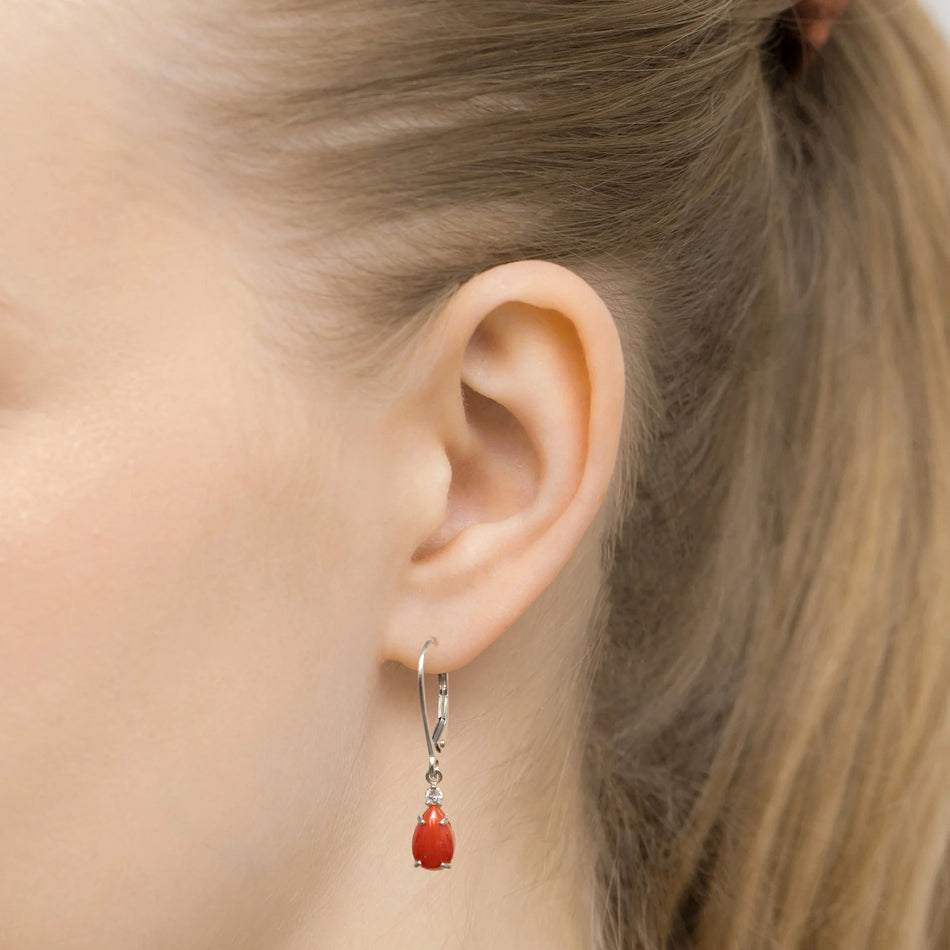 White Gold Earrings with 0.65 ct Corals and 0.06 ct Diamonds | 585 (14k) White Gold English Clasp Earrings