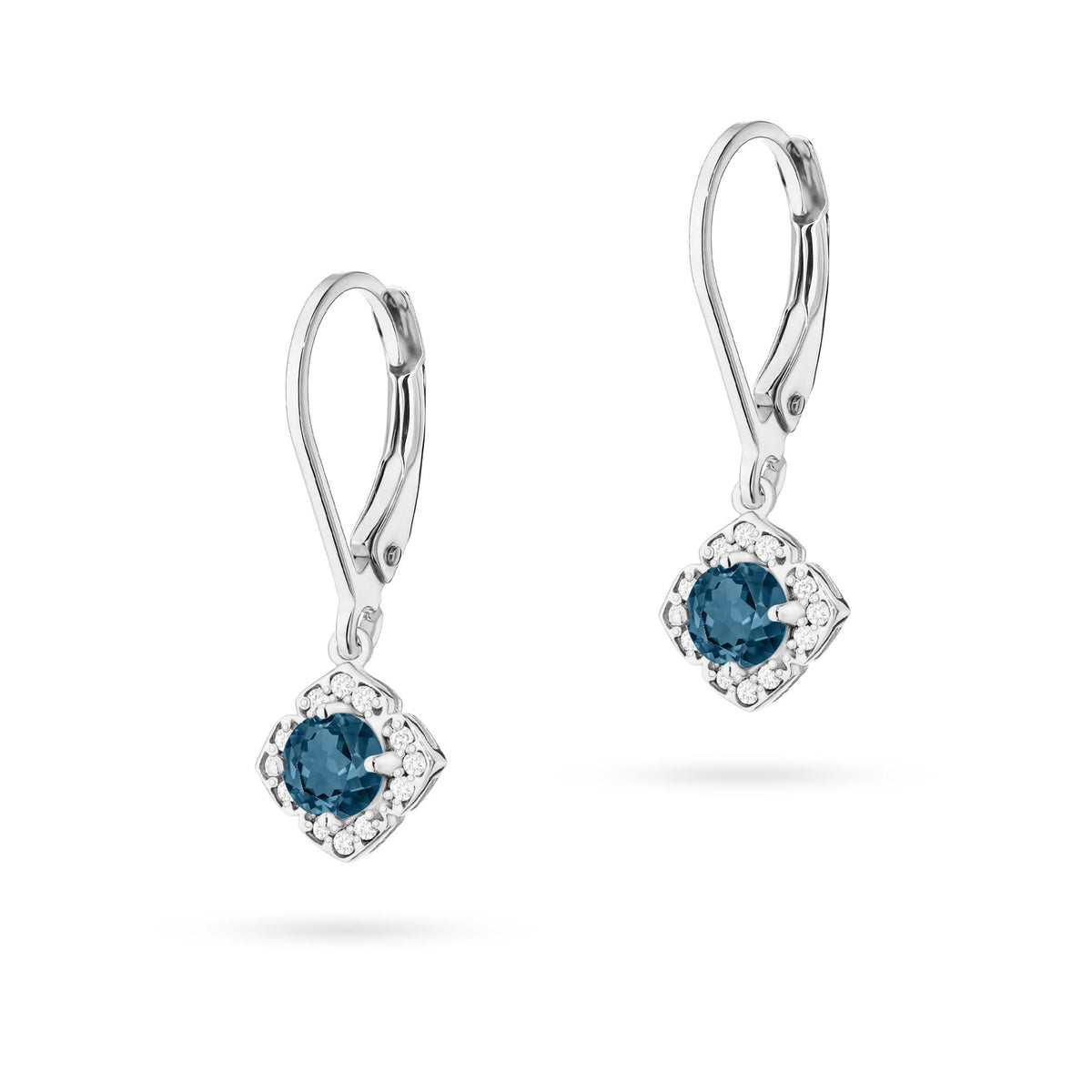 White Gold Earrings with 0.30 ct London Blue Topazes and 0.12 ct Diamonds | 585 (14k) White Gold English Clasp Earrings