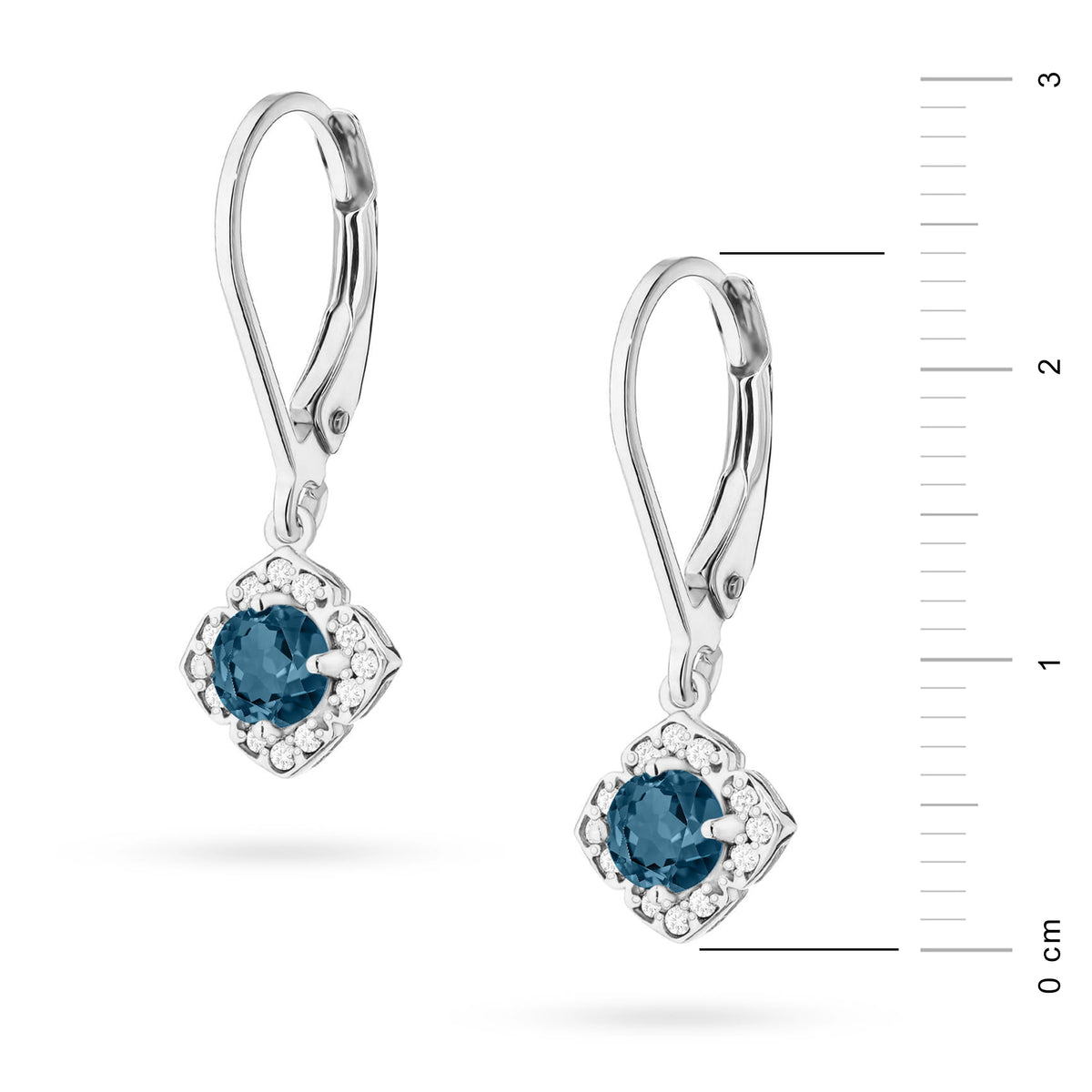 White Gold Earrings with 0.30 ct London Blue Topazes and 0.12 ct Diamonds | 585 (14k) White Gold English Clasp Earrings