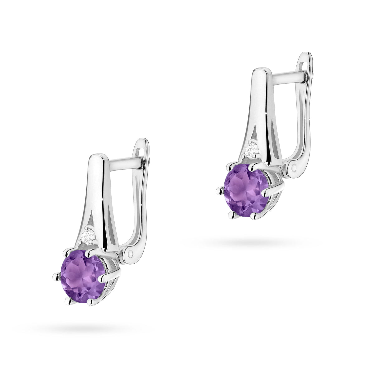 White Gold Earrings with 0.50 ct Amethysts and 0.029 ct Diamonds | 585 (14k) White Gold English Clasp Earrings