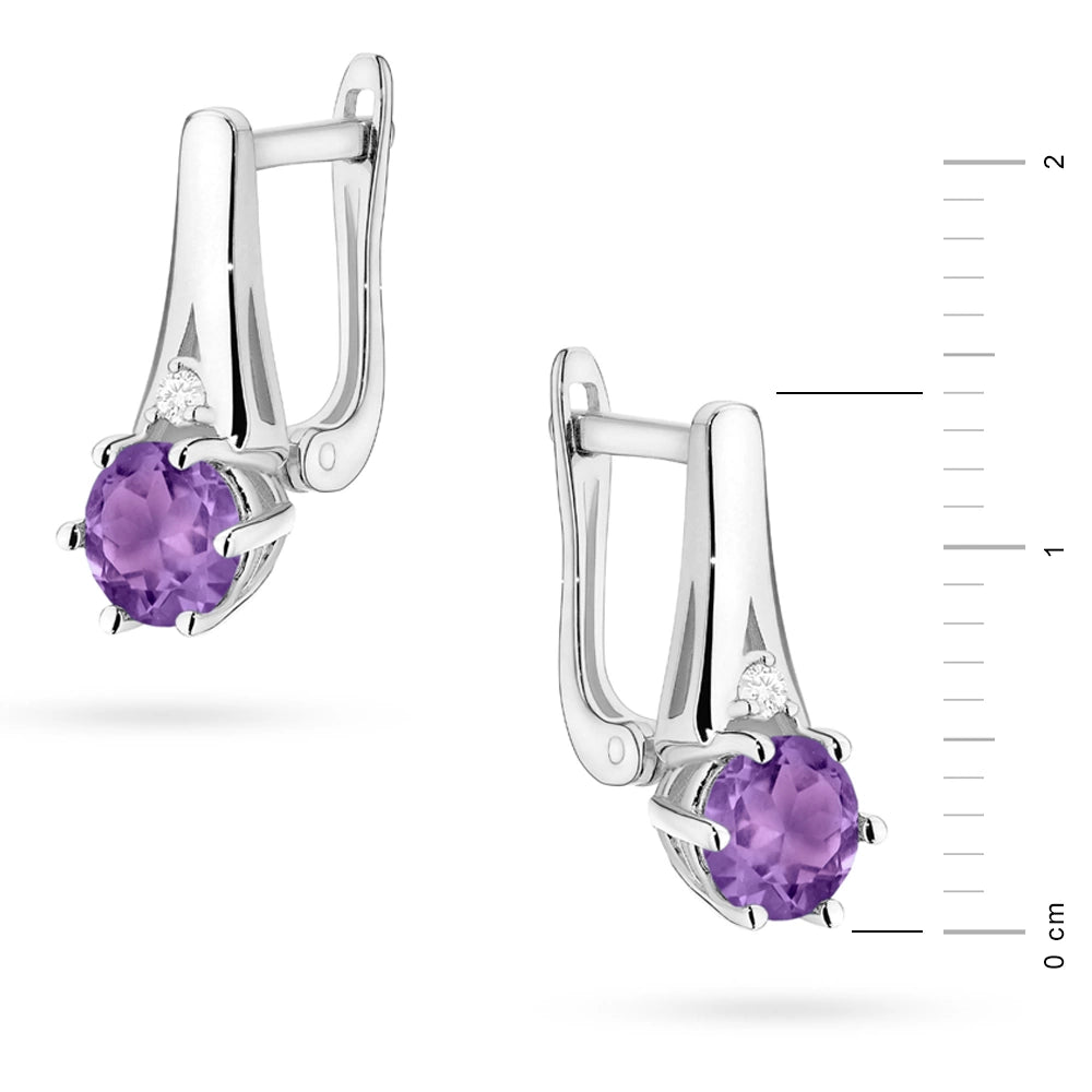 White Gold Earrings with 0.50 ct Amethysts and 0.029 ct Diamonds | 585 (14k) White Gold English Clasp Earrings