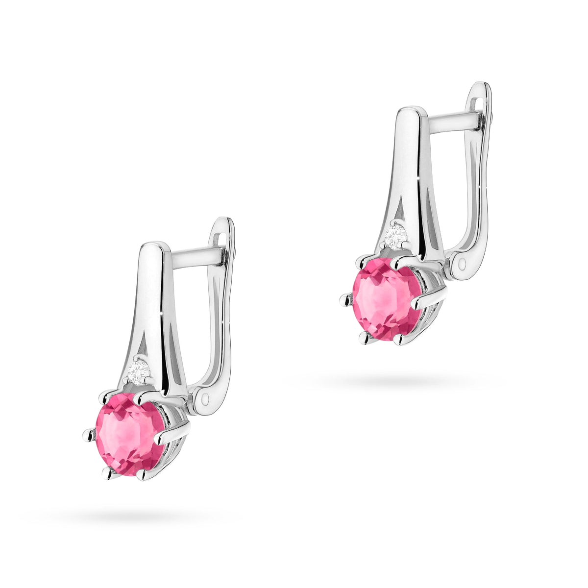 White Gold Earrings with 0.60 ct Pink Topazes and 0.029 ct Diamonds | 585 (14k) White Gold English Clasp Earrings