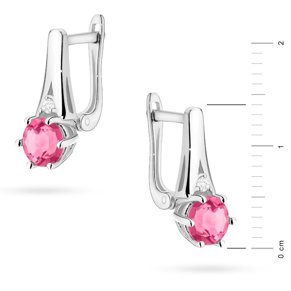 White Gold Earrings with 0.60 ct Pink Topazes and 0.029 ct Diamonds | 585 (14k) White Gold English Clasp Earrings