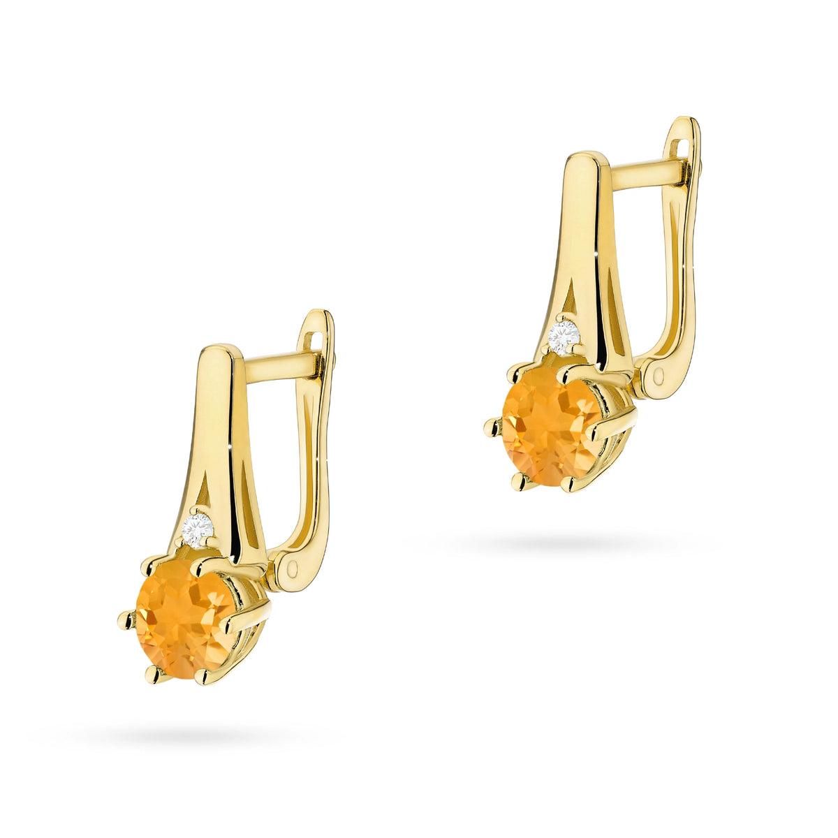 Gold Earrings with 0.50 ct Citrines and 0.029 ct Diamonds | 585 (14k) Gold English Clasp Earrings